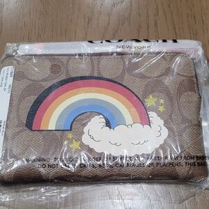 Coach Brown Wristlet with Rainbow Design